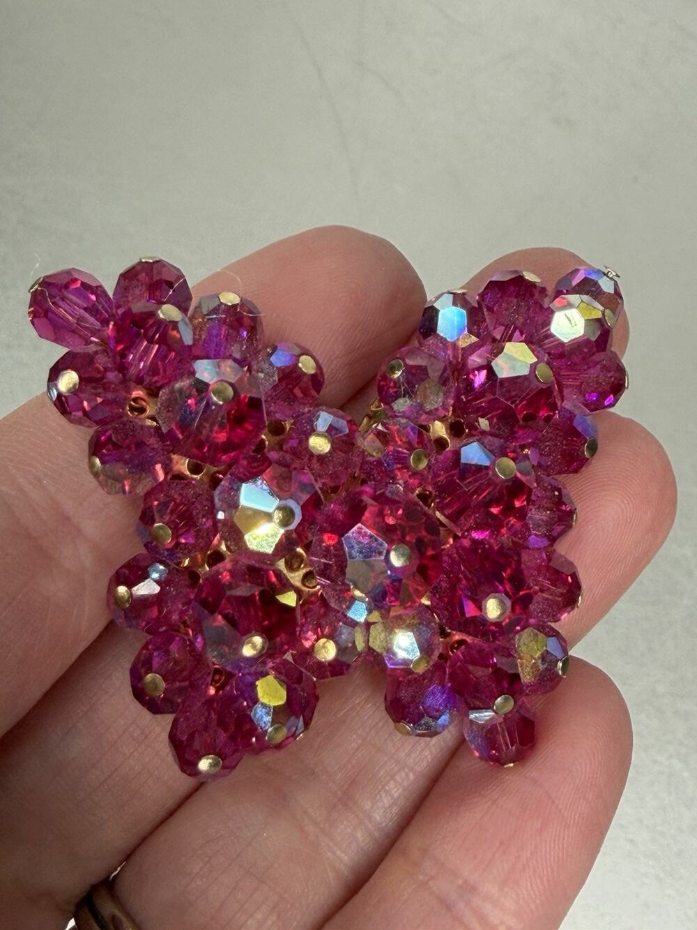 Vintage Striking Pink iridescent Beaded Holographic Butterfly Pin Brooch